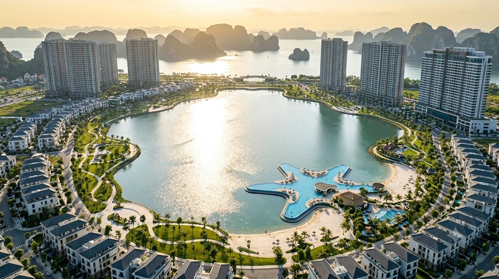 Hồ cảnh quan 2,5 ha và Starfish Pool nội khu Vịnh Bình Minh Sunrise Bay Vinhomes Hạ Long Xanh