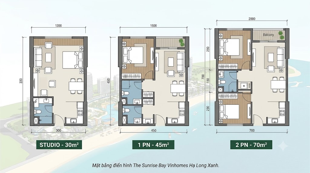 Mặt bằng điển hình Studio 30m², 1 phòng ngủ 45m², 2 phòng ngủ 70m² tại The Sunrise Bay Vinhomes Hạ Long Xanh
