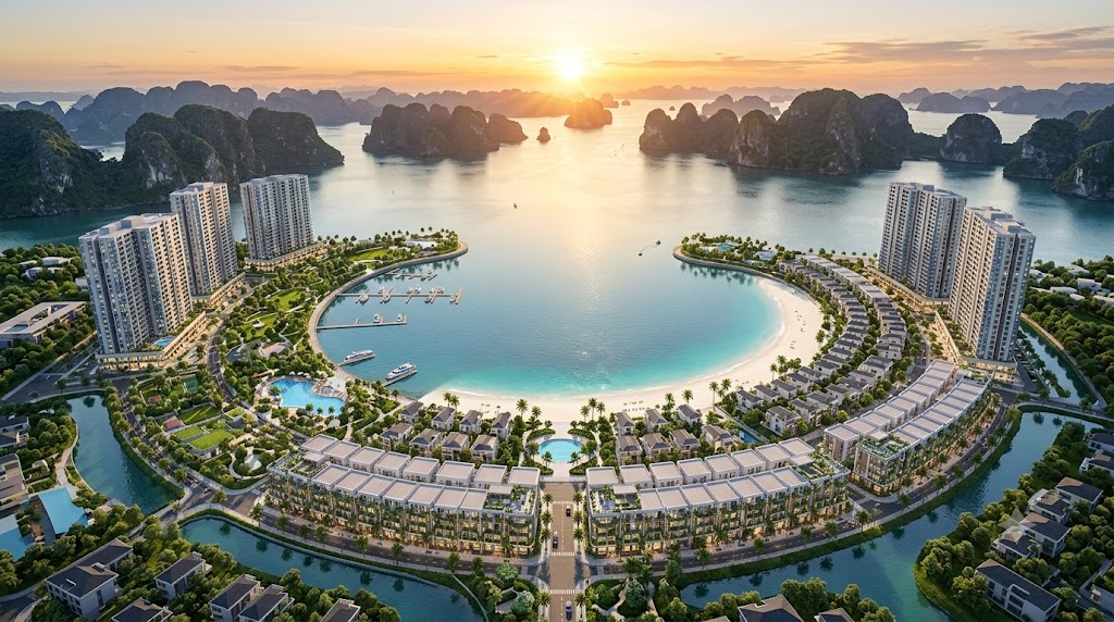 Phối cảnh phân khu Vịnh Bình Minh (Sunrise Bay) Vinhomes Hạ Long Xanh nhìn từ trên cao