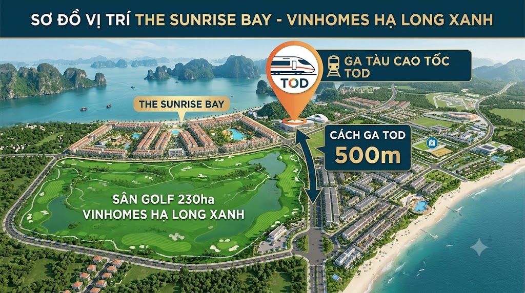 Sơ đồ vị trí The Sunrise Bay cách ga tàu cao tốc TOD 500m, kề sân golf 230ha Vinhomes Hạ Long Xanh